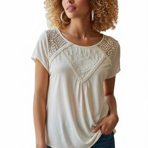 Maurice’s Cream Short Sleeve Top With Lace Shoulder and Embroidered Yoke